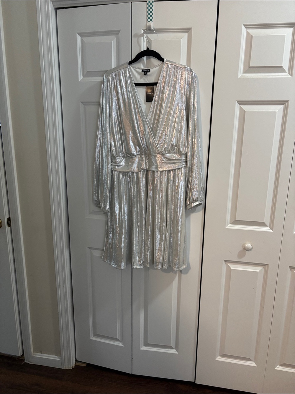 Metallic Silver Long-Sleeve Wrap Dress